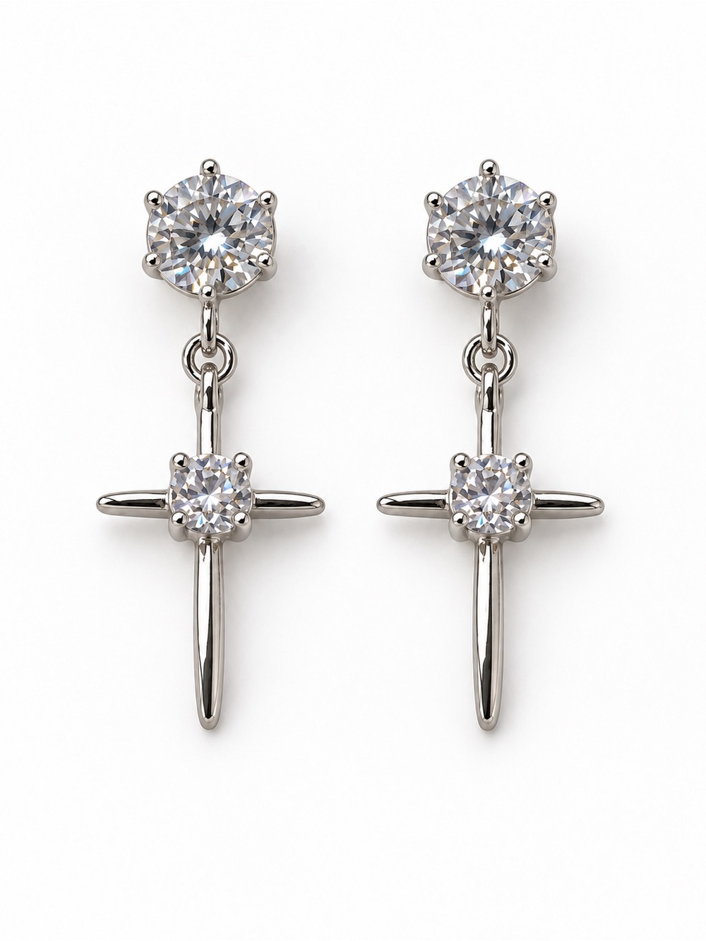 Sterling Silver Cross Drop Earrings with Clear Cubic Zirconia